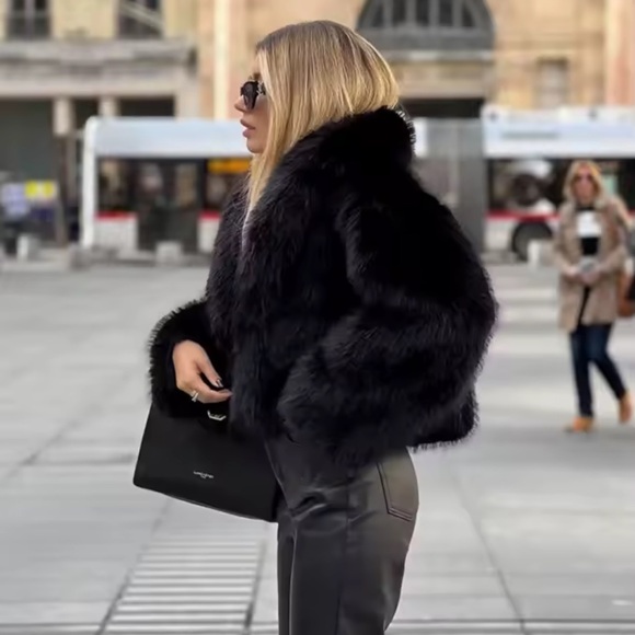 Glam faux fur coat vintage style jacket cropped oversized black - Picture 2 of 13